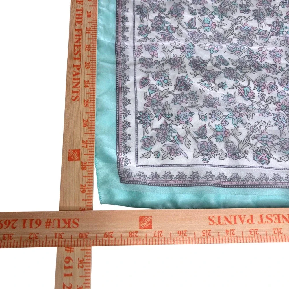 Vintage Berkshire Silken Polyester Scarf Floral Teal Border Grandmacore Coquette